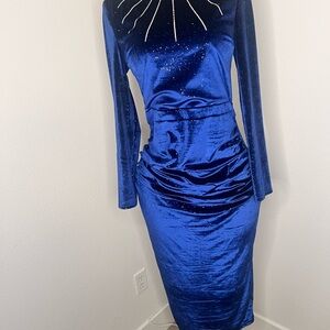 SHEIN Blue Midi Ruched Sheath Dress with Long Sleeves